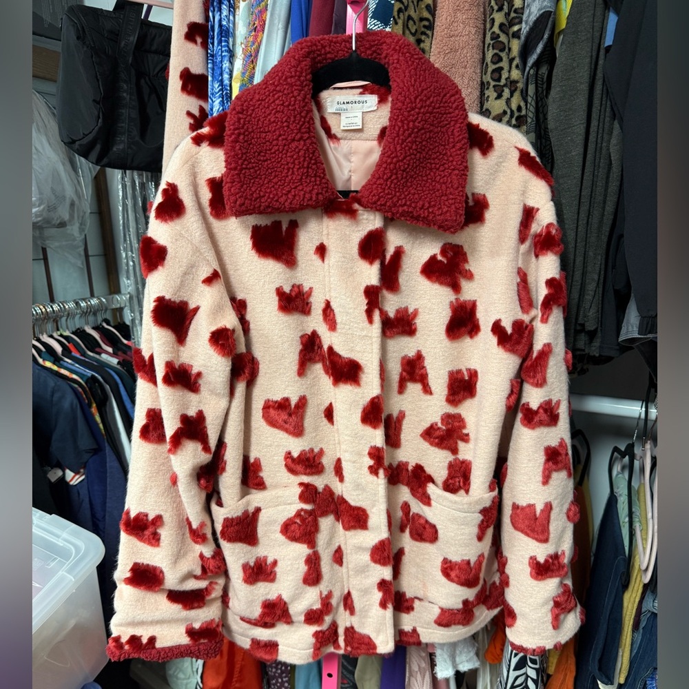 Glamorous faux Sherpa jacket coat pink Merlot red zipper snap front $260 new - Picture 4 of 11